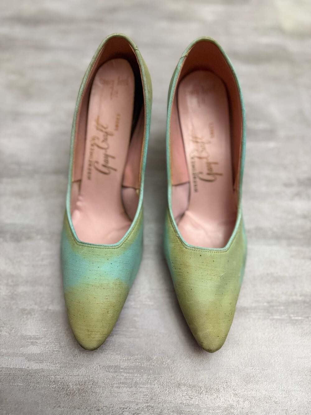 Vintage Hofheimer's Gay-Craft Aqua Satin‎ Silk Pointed Toe Kitten Heels